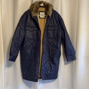 Aerie Navy Puffer Jacket with Faux Fur Collar Size S